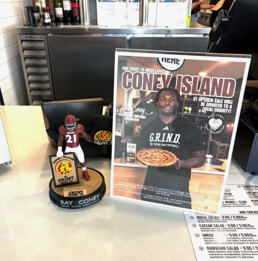 Crust Pizza Co. display for the Coney Island pizza with a Ray Coney figurine